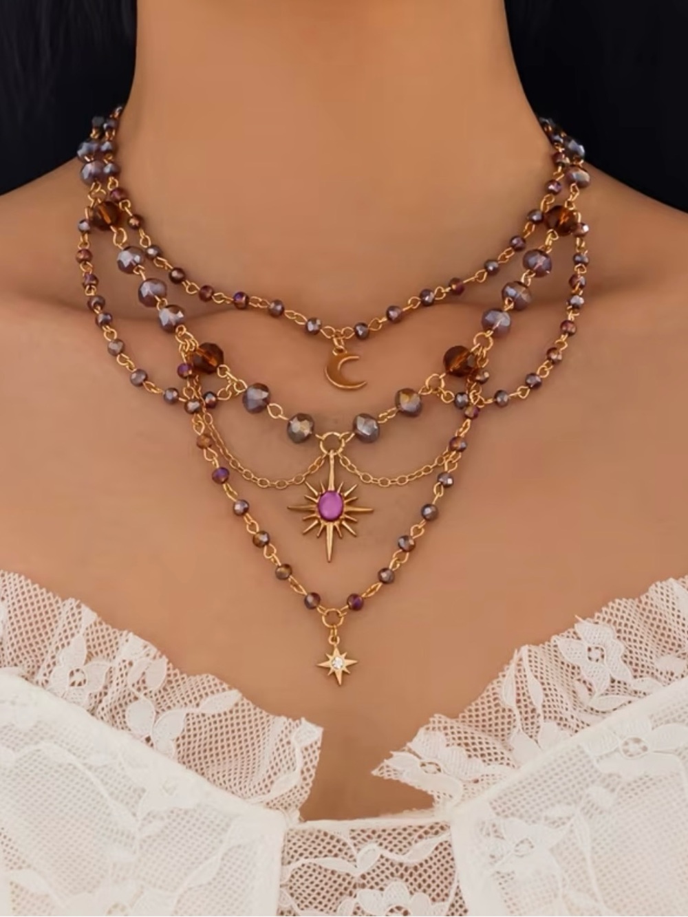 NEW! Handmade Multi-Layer Purple Bead Sun & Star Pendant Necklace. B2-105
